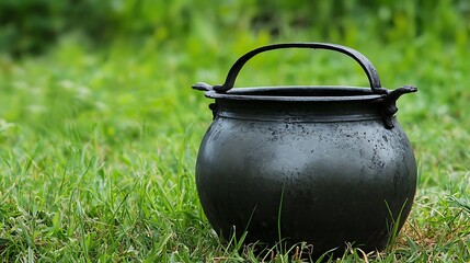 A black pot sits on the grass