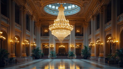Obraz premium Grand opulent palace interior with massive crystal chandelier, marble floor, and gold detailing.