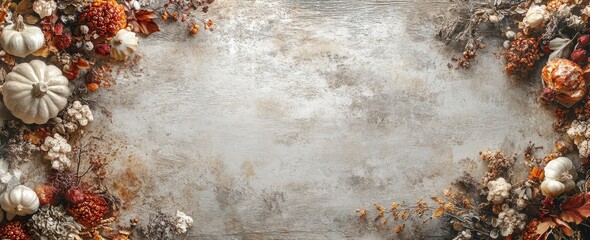 Beautiful and Rustic Autumn Harvest Background with Colorful Leaves, Pumpkins, and Dried Flowers for Seasonal Decor and Craft Projects