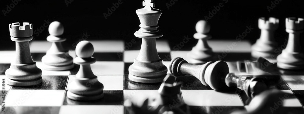 Poster black and white chess board with pieces strategically arranged symbolizing intense game of strategy 