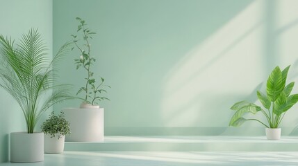 Minimalist green room interior with plants.