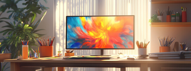 artist workspace, massive screen, vibrant colors, neatly arranged art tools, golden sunlight, warm glow, inspiring setting, immersive environment, ultra-detailed, generative ai, ki, room, interior, fr