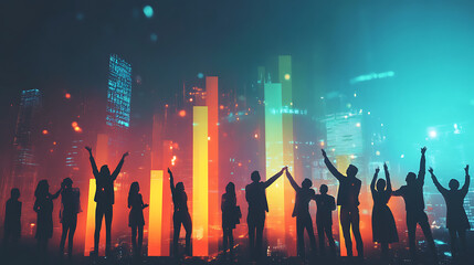 A group of people celebrating a glowing bar chart, symbolizing team goals achieved. (1)