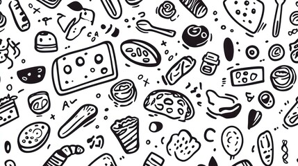 Seamless pattern of hand-drawn food doodles.