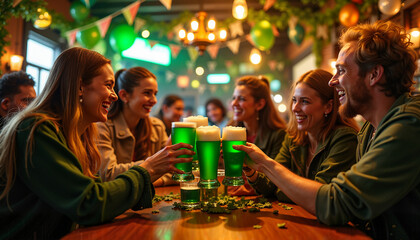 Friends Toasting Green Beer in Warm Pub Atmosphere