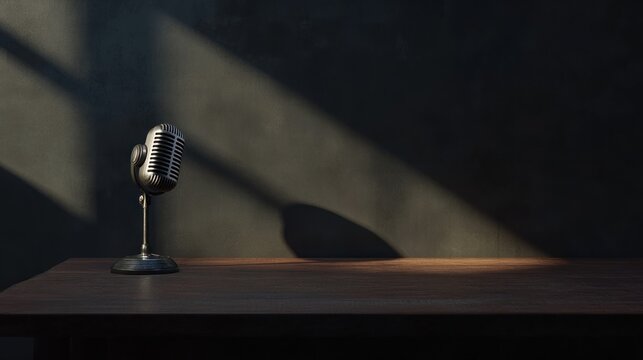 Vintage microphone on wooden table in sunlit room.