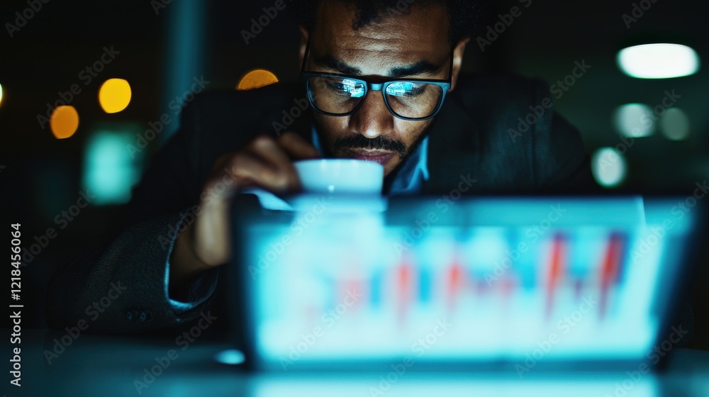 Poster focused professional analyzing data on laptop while enjoying coffee in dimly lit office environment 