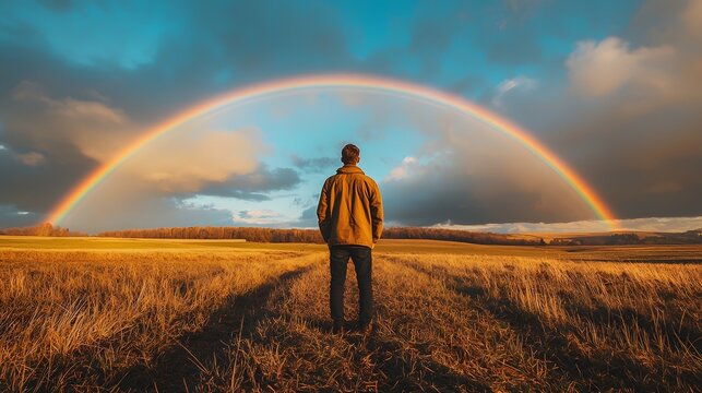 A man admiring a vivid double rainbow over a quiet countryside, his expression one of wonder and gratitude