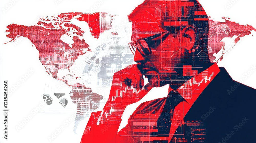 Poster businessman in thought with global map and data visualizations in red and white, symbolizing analysi
