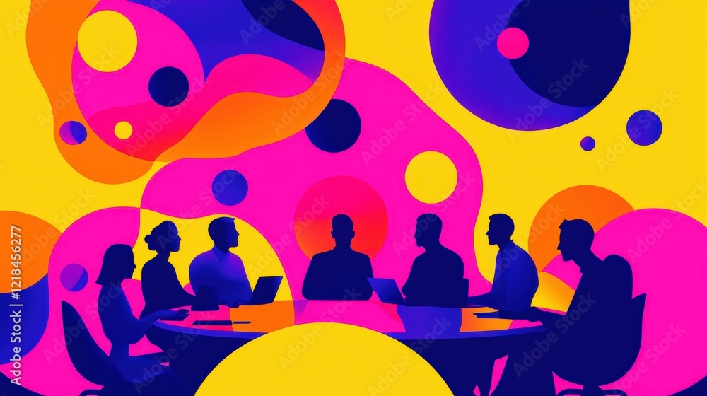 Poster diverse team collaboration in vibrant abstract meeting environment with colorful circular patterns