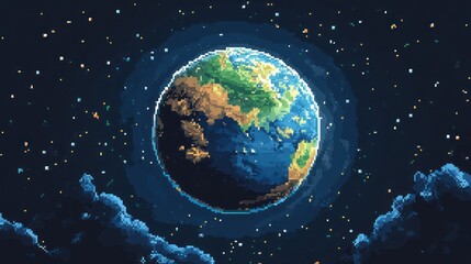 Obraz premium Pixel art Earth in space with glowing halo.