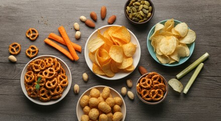 Assorted snacks including pretzels, chips, nuts, and vegetables on wooden surface