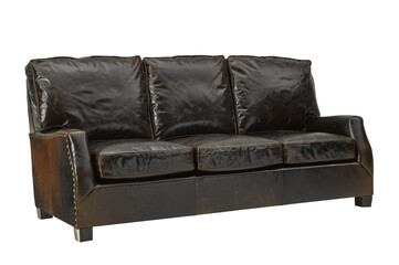 A  leather sofa in a minimalist design with wooden legs + clipping path. The sofa is isolated on a White background.