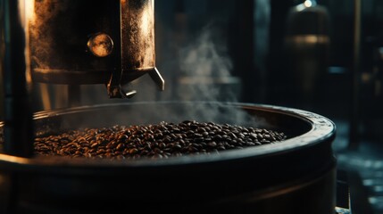 Coffee beans roasting, steam, dark room, industrial, food production