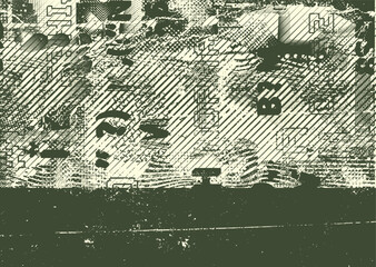 Background with glitch distorted grunge textures . grunge background texture with halftone dots, glitched shapes, textures and lines .Screen print vector background with grunge textured surface.