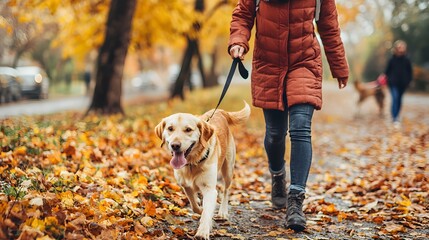 A person joyfully walking a dog in a leafy park, the dog s tail wagging with equal excitement