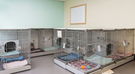 Empty animal shelter cages with bedding and toys