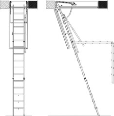 vector illustration design image of folding aluminum iron stairs to climb to the top floor of the house