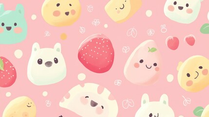 Cute cartoon food characters and fruits on pink background.