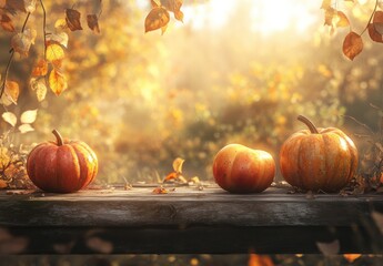 Beautiful Autumn Scene with Pumpkins and Apples on Wooden Table Surrounded by Golden Leaves and Soft Natural Light Creating a Cozy Harvest Atmosphere