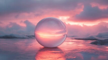 Crystal Sphere Reflecting Sunset Sky Landscape