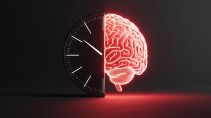 Conceptual Representation of Time Management with Clock and Brain Illustrating Thought Processes and Productivity
