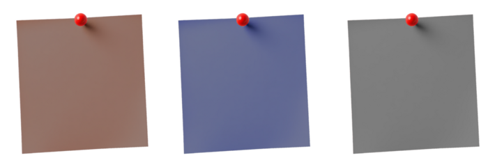 Set of sticky notes pinned with thumbtacks, brow, dark blue, grey. cut out