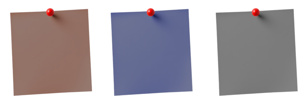 Set of sticky notes pinned with thumbtacks, brow, dark blue, grey. cut out