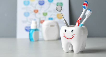 White tooth-shaped holder with dental tools