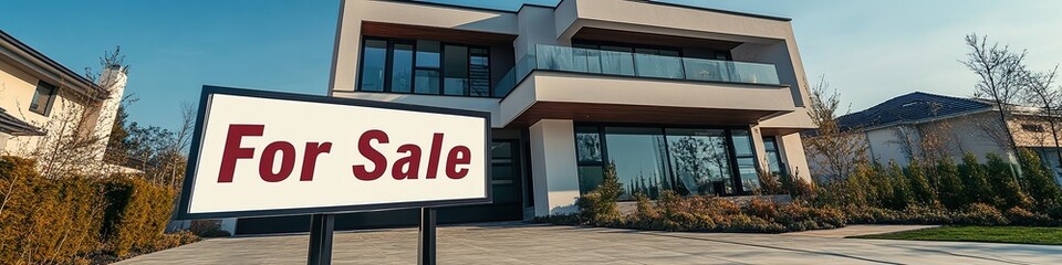 Sleek black and white "For Sale" sign stands in front of contemporary house with large glass windows, minimalist landscaping, and a smooth driveway lined with designer pavers.