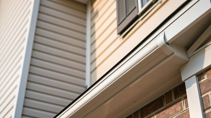 Close-up view of a pristine white rain gutter installed on a house with beige siding and red brick. Highlighting the architectural details and home improvement aspects.