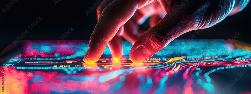 Poster close-up of a hand interacting with a colorful digital display in a futuristic setting