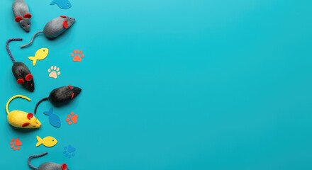 Colorful toy mice and fish on blue background