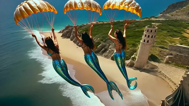 Three Mermaids Parachuting Over a Coastal Fortress: A Dreamlike Aerial Scene