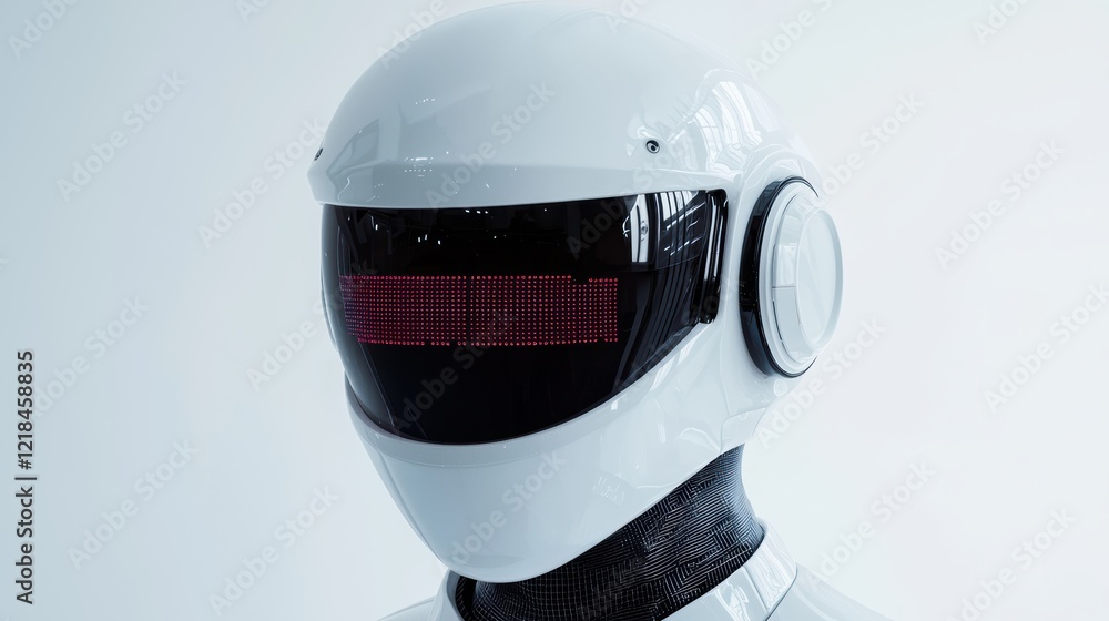 Poster close up of a futuristic robot head with red digital display