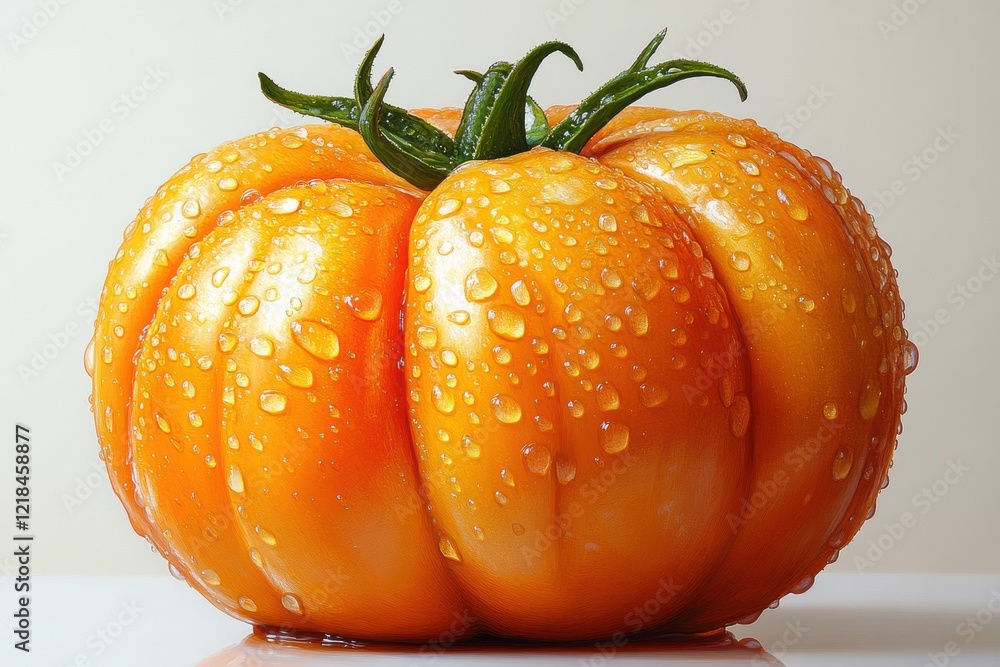 Poster bright orange tomato with droplets sits on a reflective surface displaying its freshness and vibrant