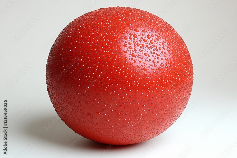 Poster bright red ball covered in water droplets resting on a neutral background in a well-lit environment.