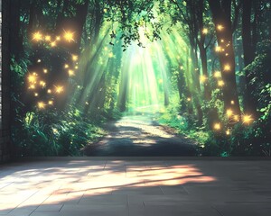 AR-enhanced forest mural with glowing fireflies and animated shadows