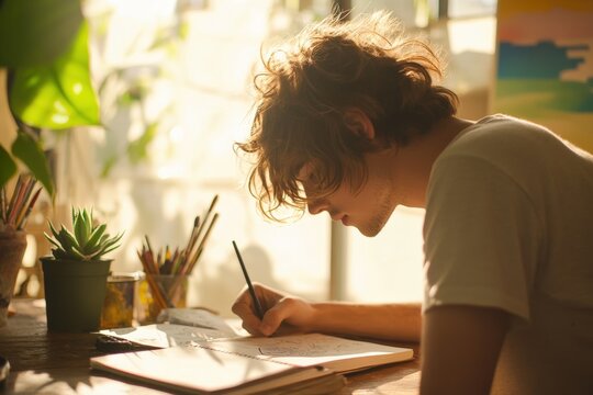 Young artist concentrating on sketching in a sunlit studio, surrounded by plants and art supplies, inspired by creativity and personal expression.