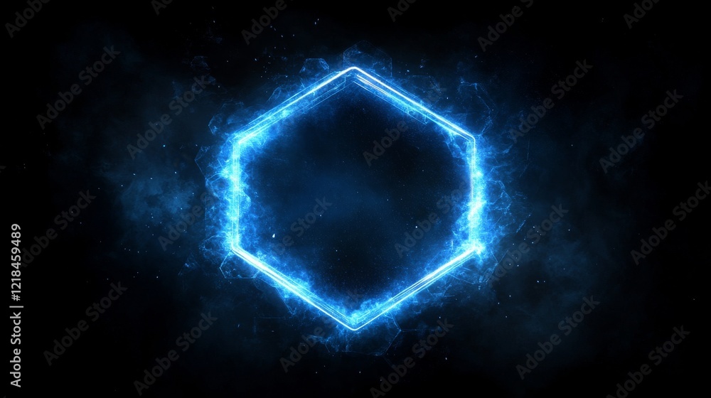 Poster glowing hexagonal frame in dark nebula