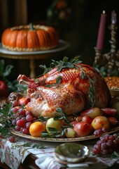 Beautifully arranged Thanksgiving feast featuring a succulent roasted turkey adorned with seasonal fruits and greenery, complemented by a festive pumpkin dessert on a lavish table setting.