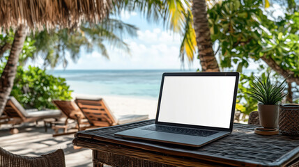 Laptop mockup on the table on the tropical ocean beach with palm trees and sand. Laptop computer with empty blank white screen mock up on the wooden table, tropical resort in the background