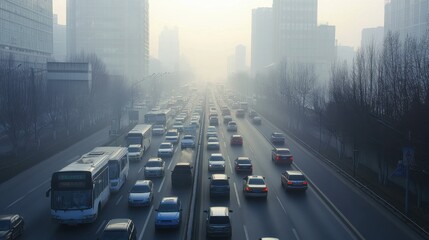 Smoggy Metropolis: A wide-angle shot captures a major highway choked with vehicles, disappearing into the hazy, smog-filled horizon of a densely populated city.