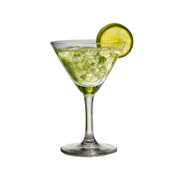 a glass of gimlet cocktail with crushed ice, lime garnish, and green hue, side view on a white, transparent background png