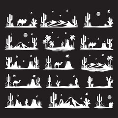 sand hills vector silhouette, collection of silhouettes on black background desert landscape vector