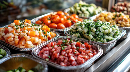 A clean, colorful display of healthy meals with fresh fruits, vegetables, and grains