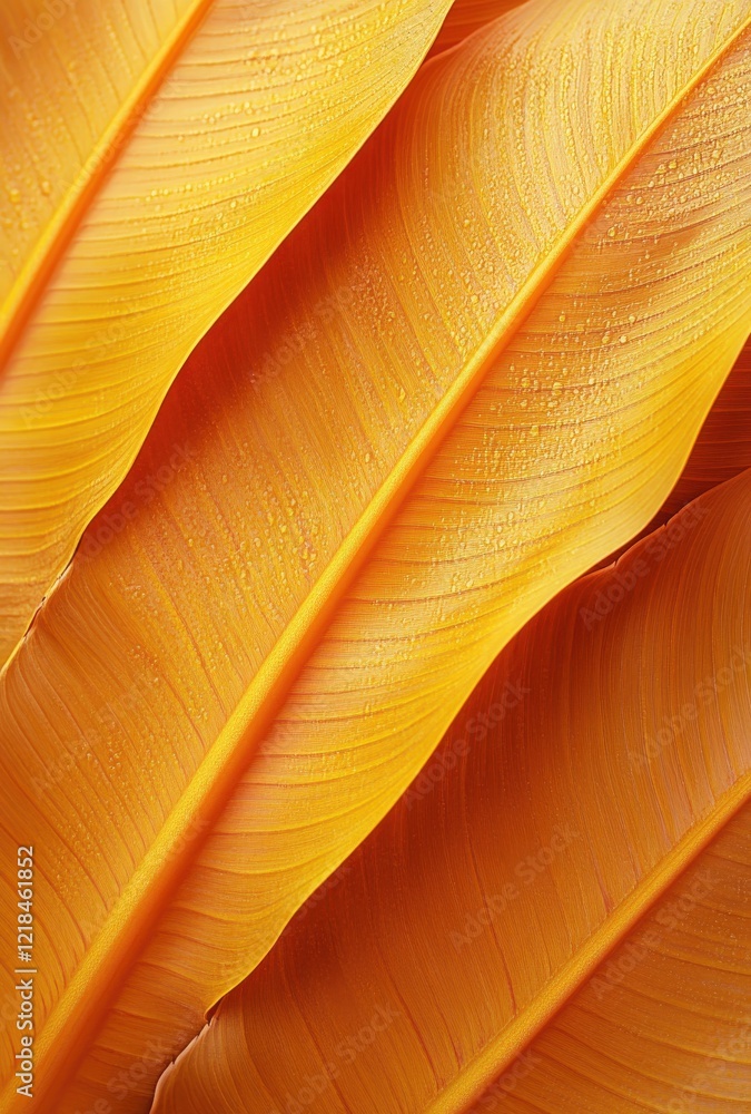 Poster close-up of a vibrant yellow leaf with intricate patterns and droplets of water showcasing the beaut