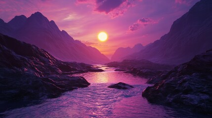 Majestic Purple Sunset Illuminates Mountain River Valley Landscape