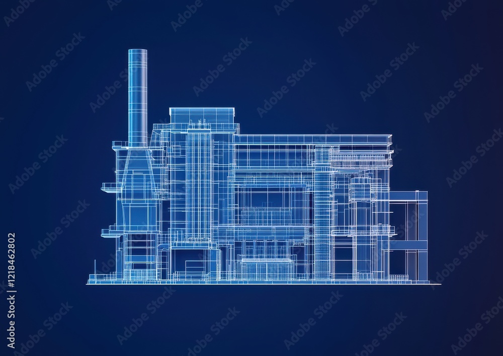 Poster a blueprint sketch of a modern architectural structure against a dark background, showcasing the int