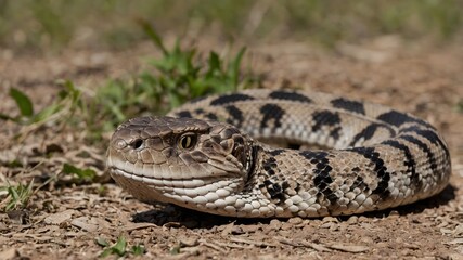 Fototapeta premium Crotalus Durissus Rattlesnake in Defensive Posture with Hood Raised and Rattle Shaking